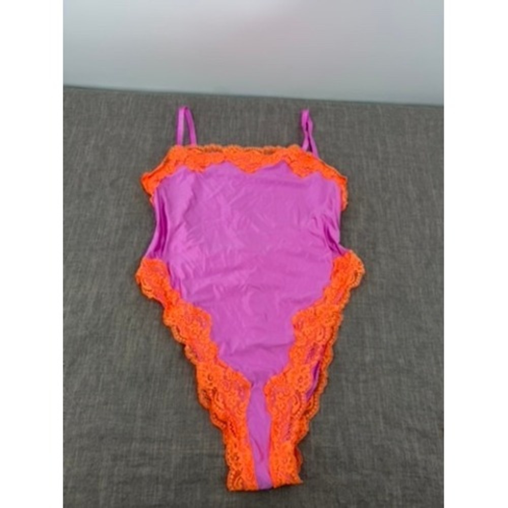 SKIMS Recycled Swim Cami One Piece Swimsuit Lace Trim Neon Orchid Orange Size L